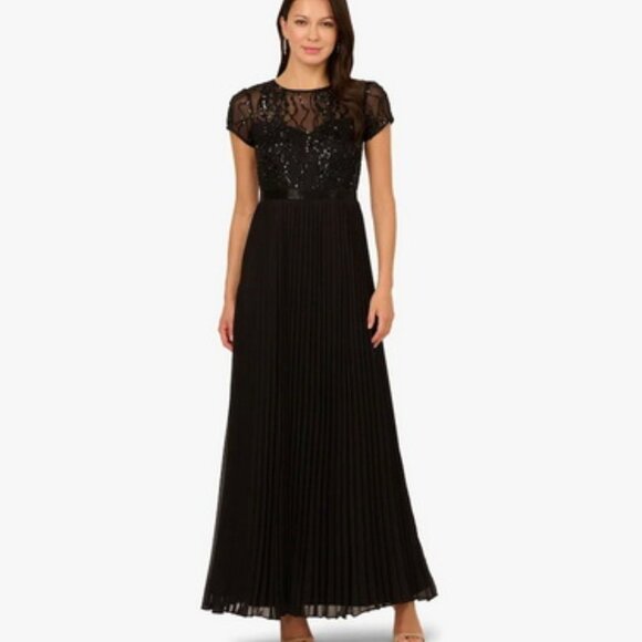Adrianna Papell Black Embellished Pleated Dress